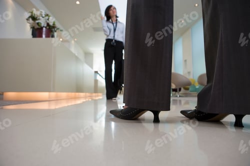 Preview: Two Businesswomen Meeting In Modern Office Lobby Wearing Power Dressing High Heeled Shoes