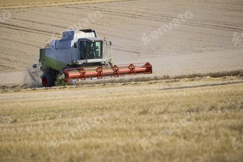 Preview: Combine Harvesting Wheat In Sunny, Rural Field