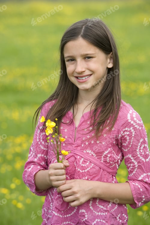 Preview: Girl With Wild Flowers In Field, Smiling, Portrait