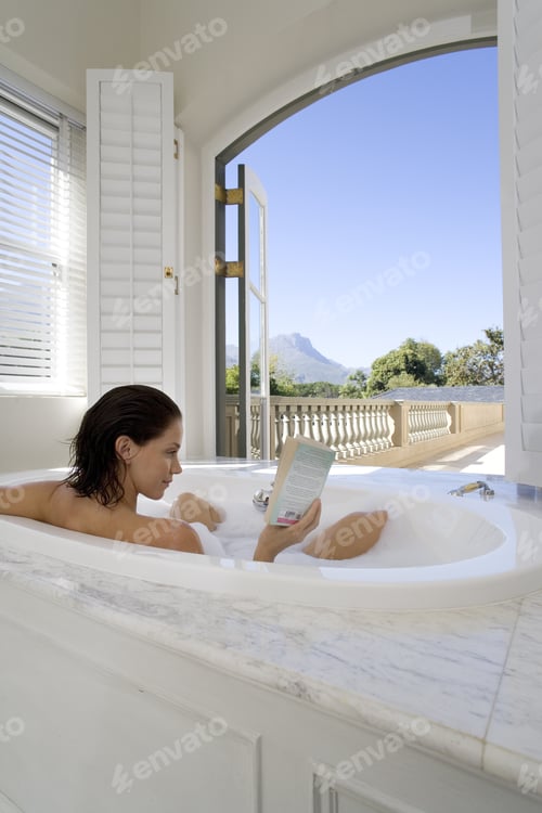 Preview: Woman Reading In Bath By Open Window, Rear View