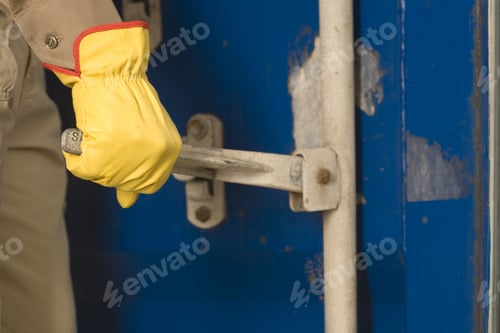 Preview: Mid Section View Of A Dock Worker Opening A Cargo Container