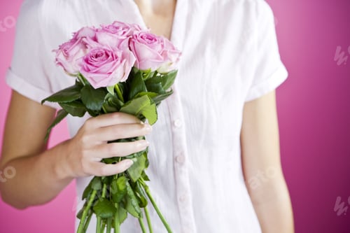 Preview: Woman Holds Pink Roses Against a Pink Background