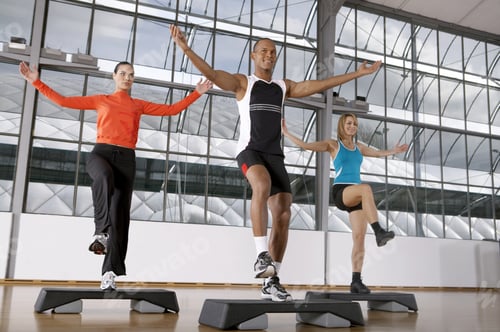 Preview: People Doing Step Aerobics.