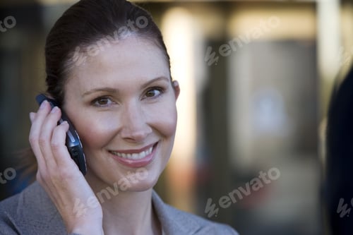 Preview: Businesswoman Using Mobile Phone, Outdoors, Smiling, Close-Up, Portrait