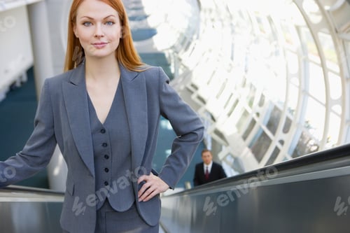 Preview: Businesswoman Standing On Escalator, Hand On Hip, Smiling, Front View, Portrait, Elevated View