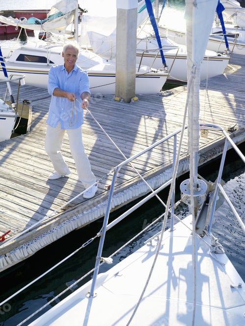 Preview: Man On Jetty Pulling Rope Attached To Boat, Elevated View