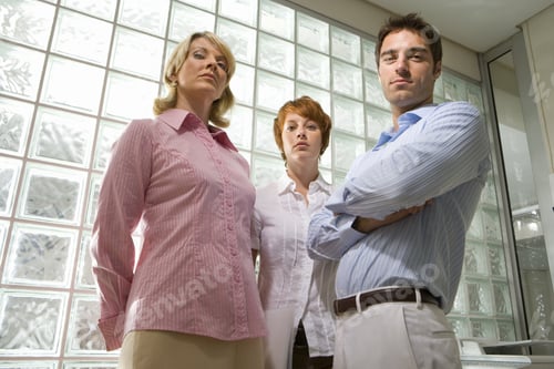 Preview: Businessman And Women Standing By Glass Block Wall, Portrait, Low Angle View