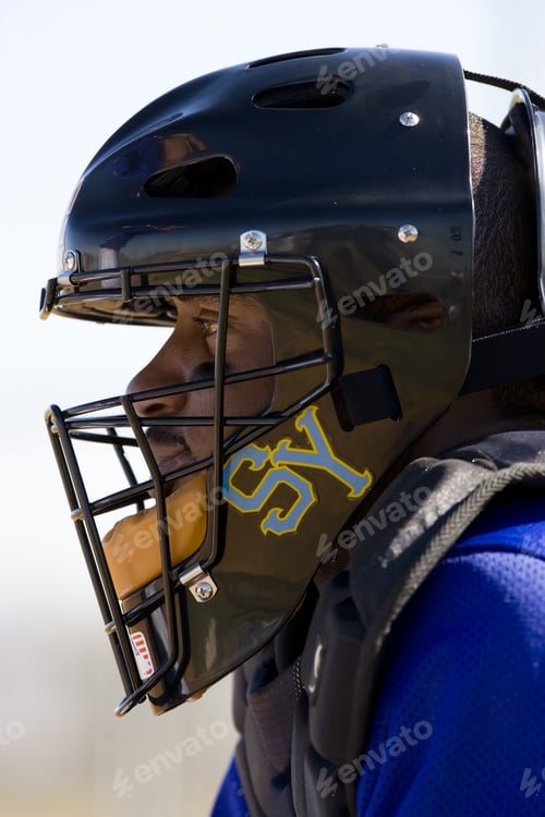 Preview: Baseball Catcher Wearing Protective Sports Helmet, Close-Up, Profile