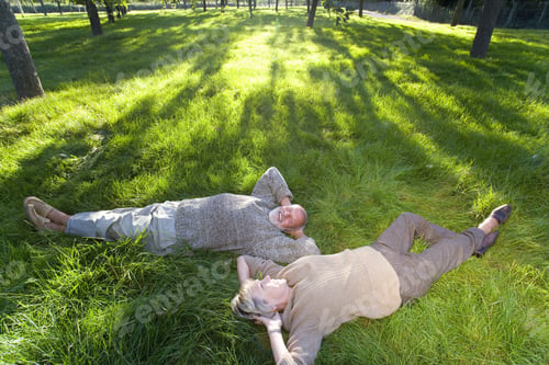 Preview: Mature Couple Lying On Grass, Smiling At Each Other, Elevated View