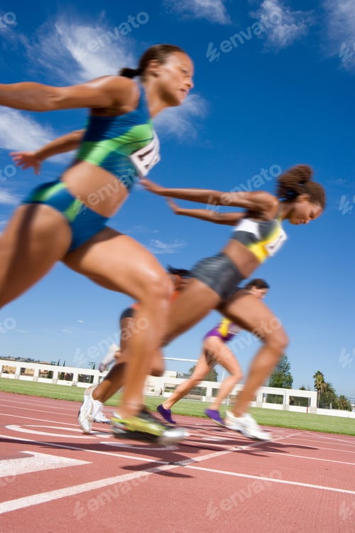 Preview: Competitive Female Athletes Crossing Finishing Line Sprint Race