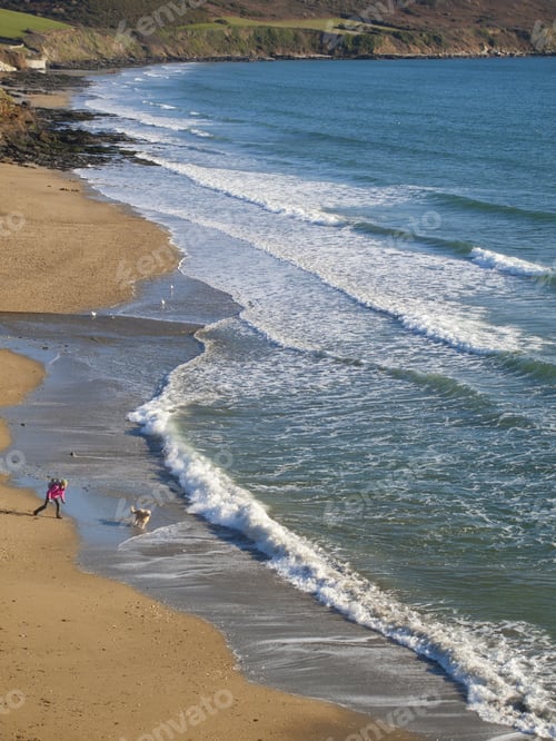 Preview: Woman And Dog Enjoying Beach And Ocean At Gerrans Bay, Cornwall, United Kingdom
