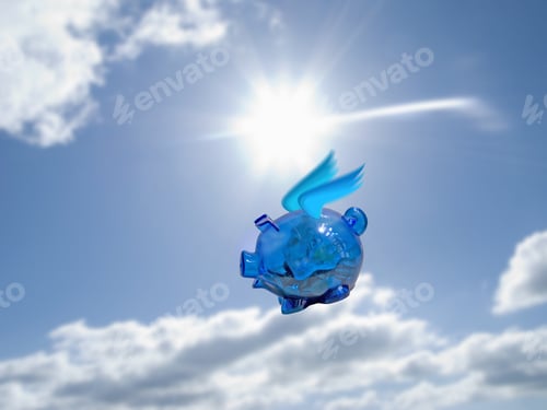 Preview: Piggy Bank With Wings Flying In Blue Sky With Sun And Clouds