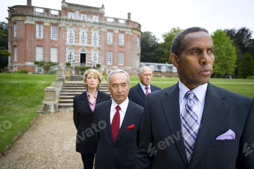 Preview: Businessman By Colleagues In Grounds Of Manor House