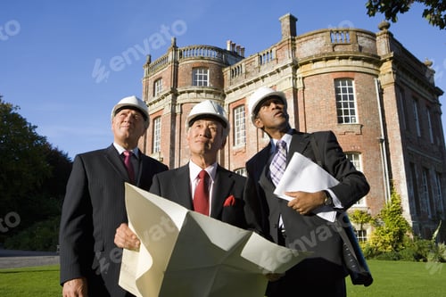 Preview: Businessman With Blueprint By Colleagues, In Hardhats, By Manor House, Low Angle View