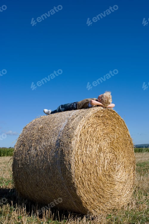 Preview: Boy Lying On Circular Hay Bale In Harvested Farm Field