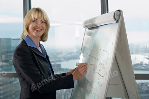 Preview: Portrait Of Businesswoman In Office Writing On Whiteboard With View Of London Docklands Uk Out Of