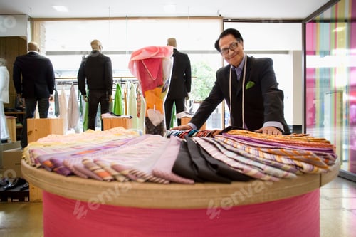 Preview: Sales Assistant With Colorful Tie Display In Men'S Clothing Store