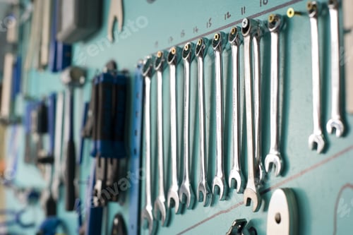 Preview: Row Of New Spanners On Display Rack In Shop, Close-Up (Differential Focus)