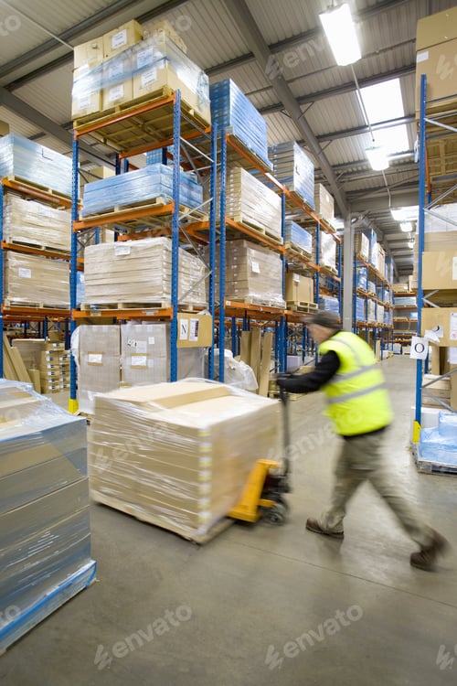 Preview: Warehouse Worker Pushing Pallet Truck With Cardboard Boxes