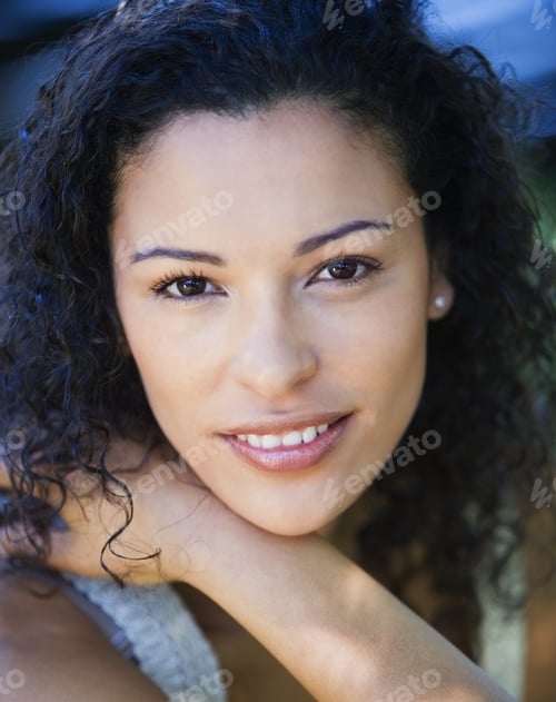 Preview: Woman, With Long, Black And Curly Hair, Smiling, Close-Up, Portrait