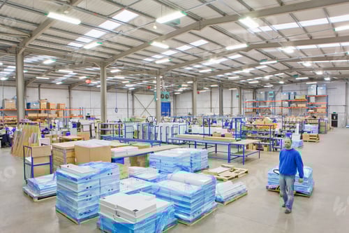 Preview: Distribution Warehouse Worker Pulling Boxes On Pallet Truck