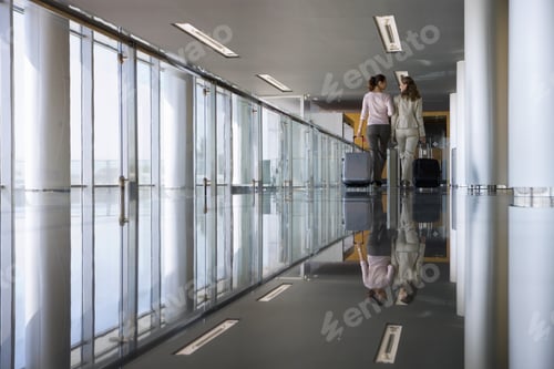 Preview: Two Businesswomen Walking With Luggage In Modern Building, Rear View, Reflection On Shiny Floor