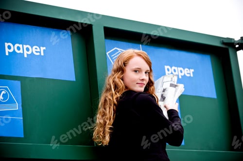 Preview: Teenage Girl Taking Newspapers To Recycling Center Looking At Camera
