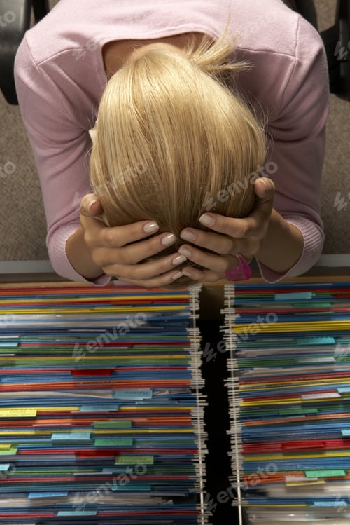 Preview: High Angle View Of A Woman With Her Head In Her Hands