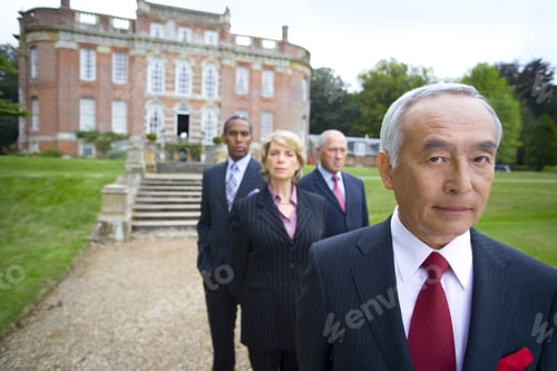 Preview: Businessman By Colleagues In Grounds Of Manor House, Portrait