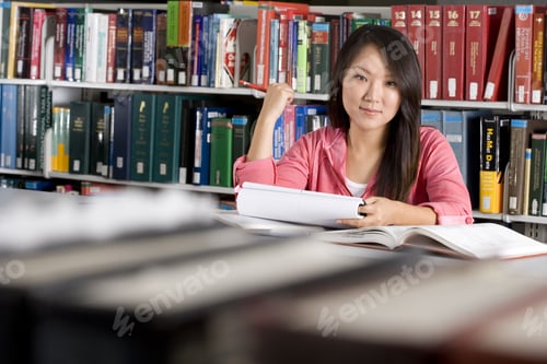Preview: Woman Studying In Library, Smiling, Portrait