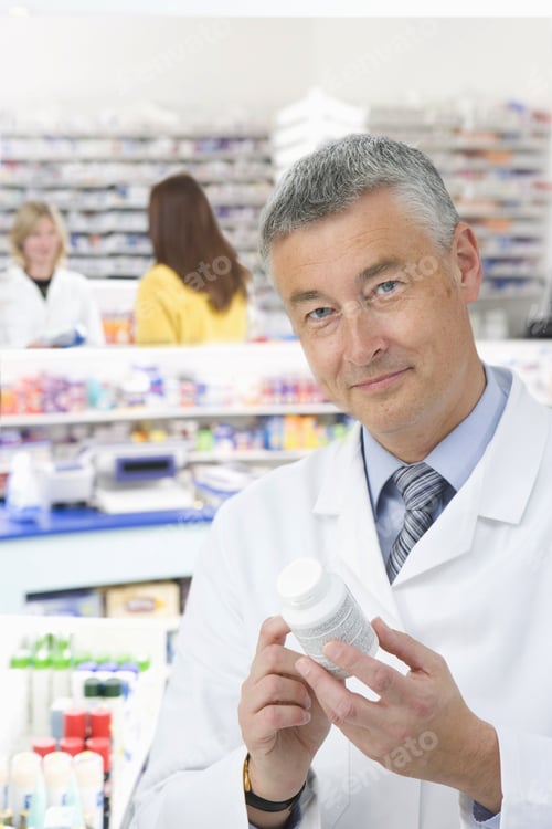 Preview: Pharmacist Reading Label On Medicine Bottle In Pharmacy