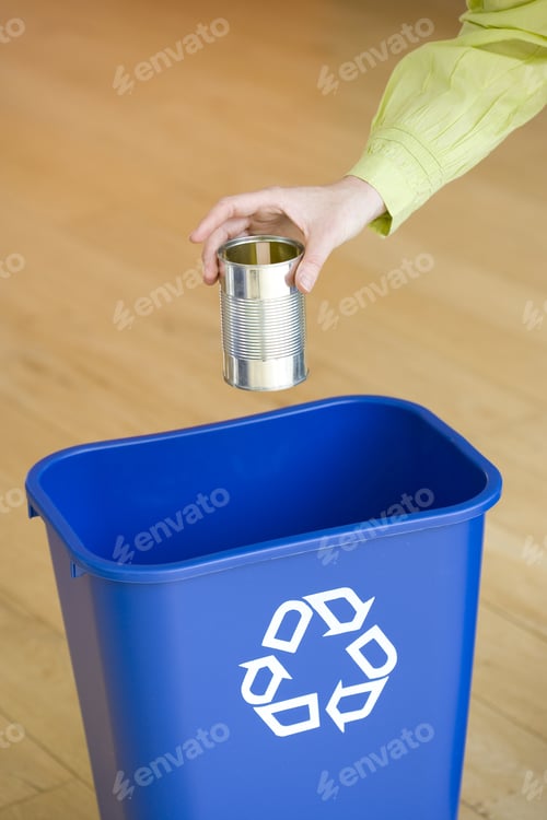 Preview: Man Putting Tin Can Into Recycling Bin, Close-Up Of Hand