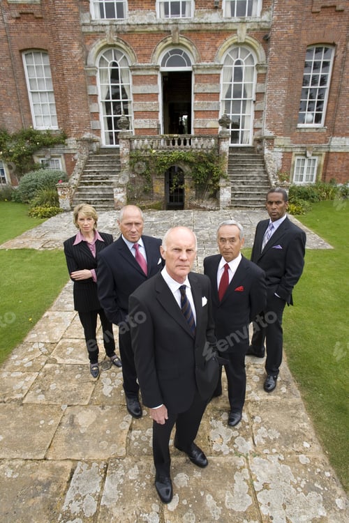 Preview: Group Of Businessmen And Woman By Manor House, Portrait, Elevated View