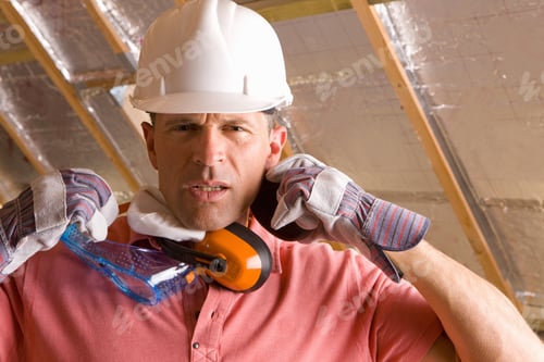 Preview: Construction Worker With Hard Hat, Goggles And Ear Protectors