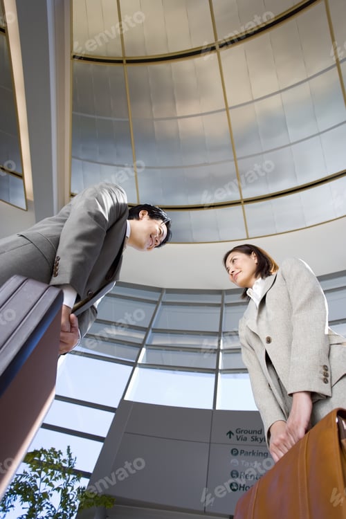 Preview: Businessman And Woman Meeting In Airport, Carrying Briefcases, Smiling, Side View, Low Angle View