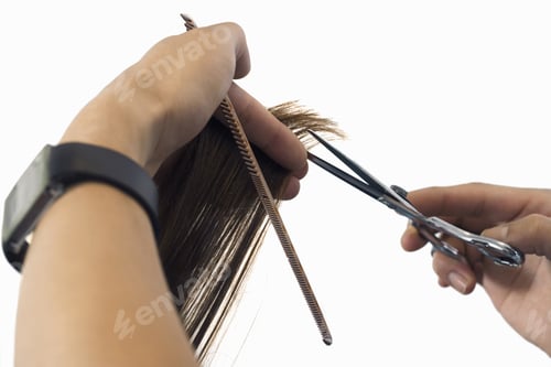 Preview: Hairdresser Cutting Hair, Close-Up Of Comb And Scissors, Cut Out