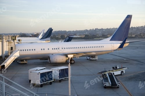 Preview: Stationary Commercial Aircraft At Airport Boarding Gate, Side View, Elevated View