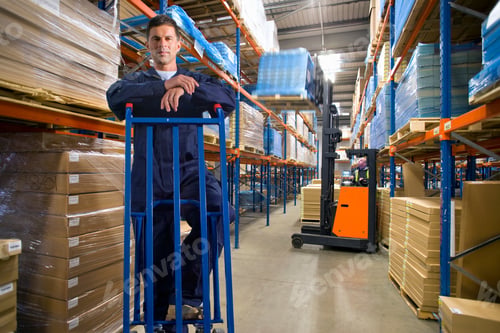 Preview: Distribution Warehouse Worker With Trolley Looking At Camera