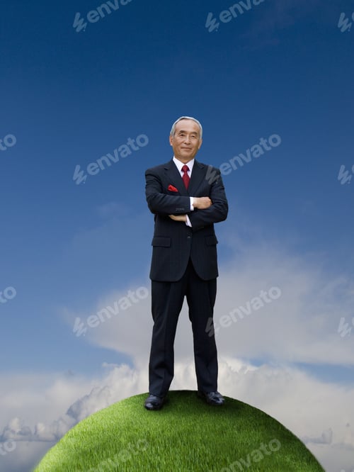 Preview: Businessman On Top Of Grassy Globe