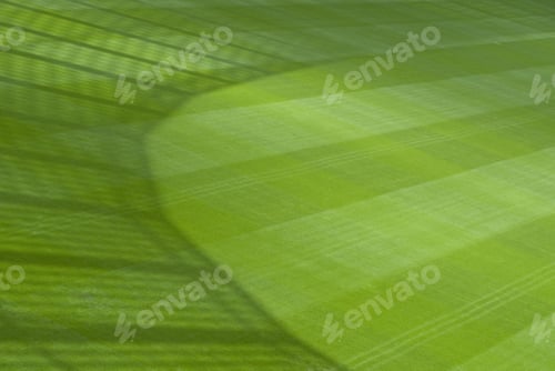 Visualização: Grama verde e ajardinada de campo de esportes com sombra de vedação