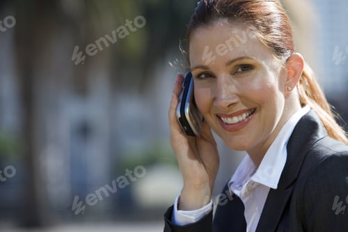 Preview: Businesswoman Using Mobile Phone, Outdoors, Smiling, Side View, Portrait