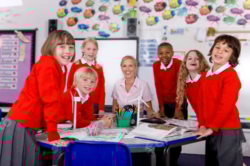Visualização: Professor e crianças em idade escolar estudam energia alternativa em sala de aula sorrindo para a câmera