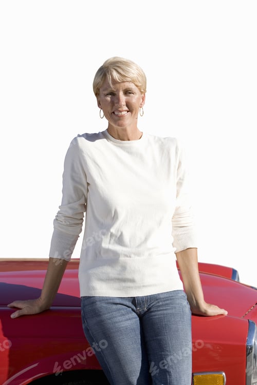 Preview: Senior Woman Leaning Against Red Car, Cut Out