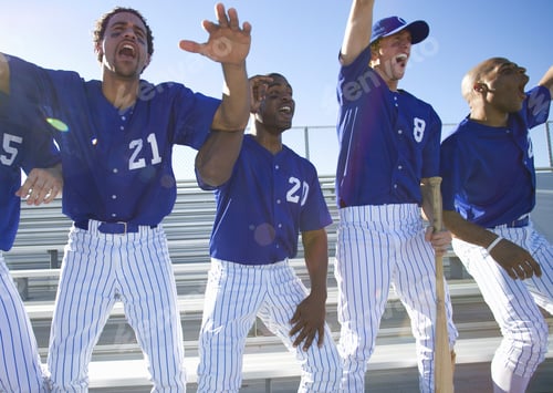 Preview: Excited Baseball Team Jumping Up From Bench In Stand During Competitive Baseball Game, Cheering