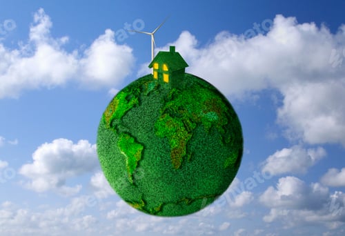 Preview: Environmental Energy Concept Of House And Wind Turbine On Grass Globe