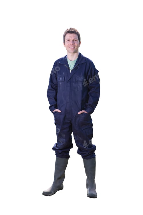 Preview: Studio Cut Out Of Farmer In Overalls On White Background Smiling At Camera