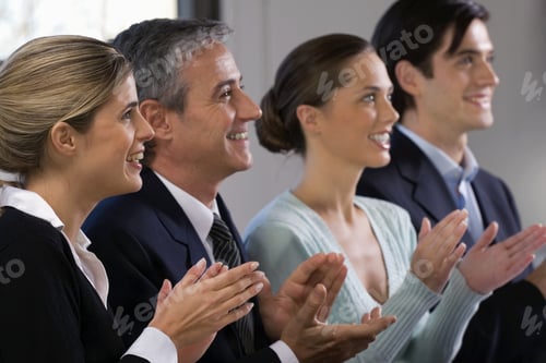 Preview: Side Profile Of Four Business Executives Clapping In A Row And Smiling