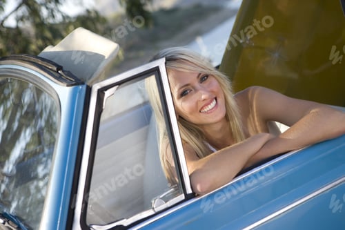 Preview: Woman In Convertible Car, Smiling, Portrait