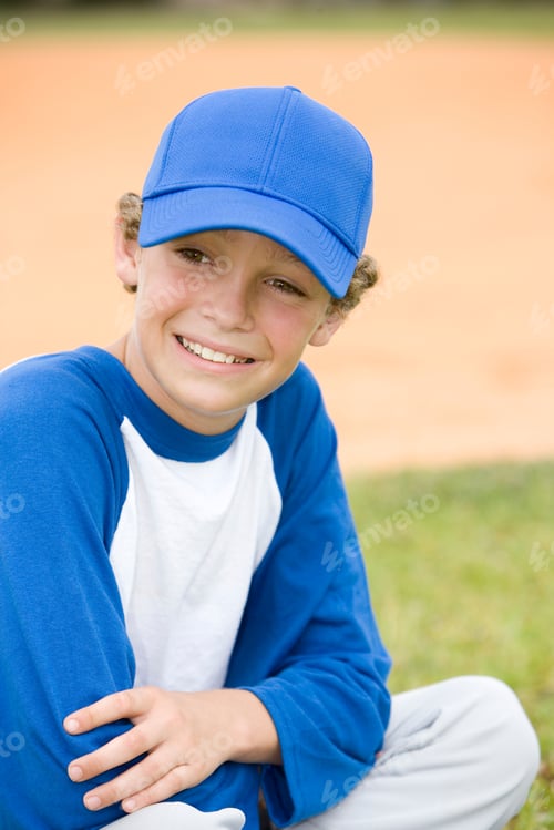 Preview: Boy In Baseball Cap And Team Uniform Sitting On Grass Smiling
