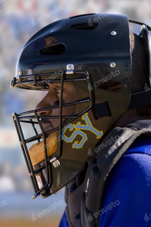 Preview: Close Up Of Baseball Catcher Wearing Helmet